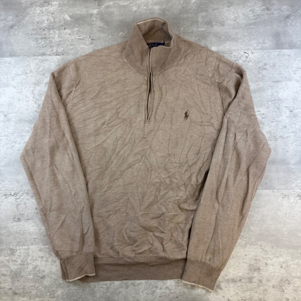 Polo Ralph Lauren Pima Cotton Quarter Zip Sweater Tan XL Mens Textured Knit